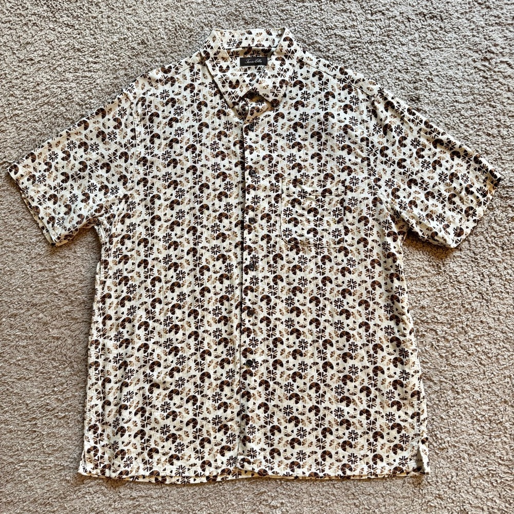 Tasso Elba Shirt Mens Large Cream Silk Blend Short Sleeve Button Up Geometric